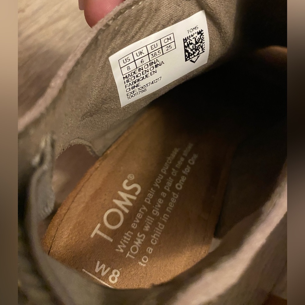 Toms Tan Elba Booties Peep Toe Suede Tassles Taupe Chunky Block Heel Mules | 8 - Picture 11 of 16
